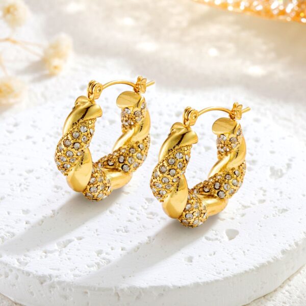 Gold Stainless Steel Diamond Twist U-shaped Earrings Fashion - Image 5