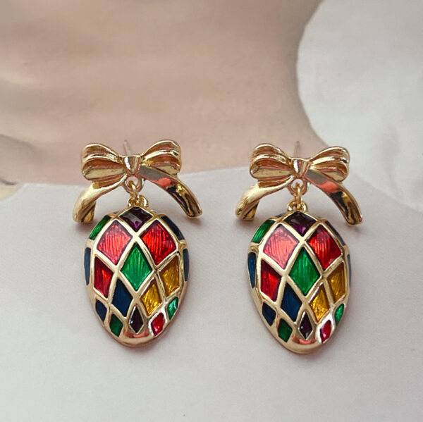 Vintage Plaid Bow Drip Glazed Enamel Earrings - Image 2