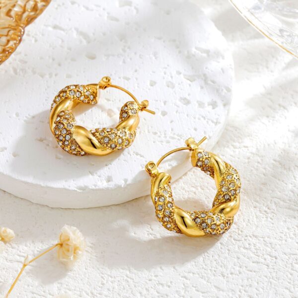 Gold Stainless Steel Diamond Twist U-shaped Earrings Fashion - Image 3