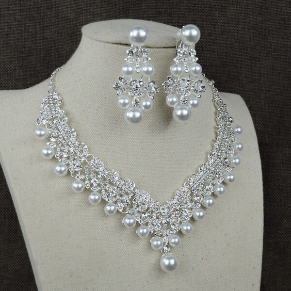 White pearl necklace diamond suit bride wedding accessories hair earrings set 0284 - Image 2