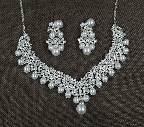 White pearl necklace diamond suit bride wedding accessories hair earrings set 0284 - Image 4