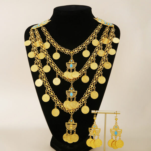 1set Fashion Retro 18k Gold Tassel Necklace Earrings Coin Middle East Set Multi-layer Set, Suitable For Holiday Gifts, Gatherings And Weddings To Wear - Image 3