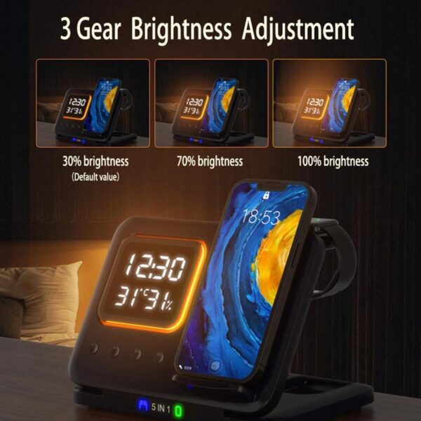 15W Wireless Chargers Stand 5 In1 LED Digital Alarm Clock Fast Charging Dock Station - Image 7